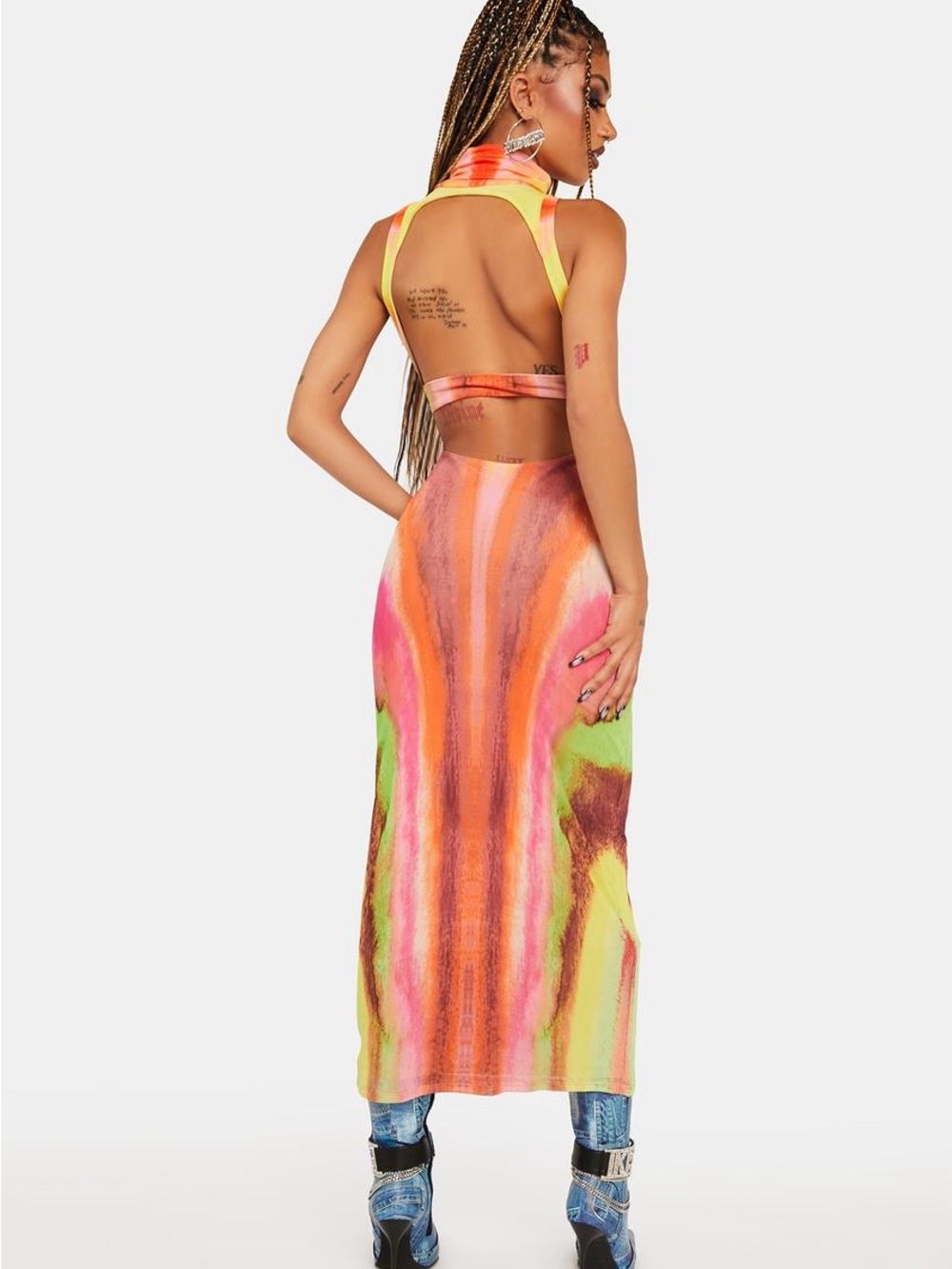 AFRM Neon Marble-Print Midi Dress in Pink, Orange, Yellow & Green - Picture 3 of 4